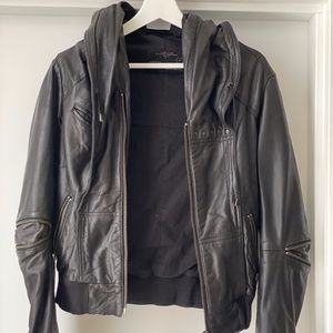 AllSaints Black Bomber Leather Jacket with hood